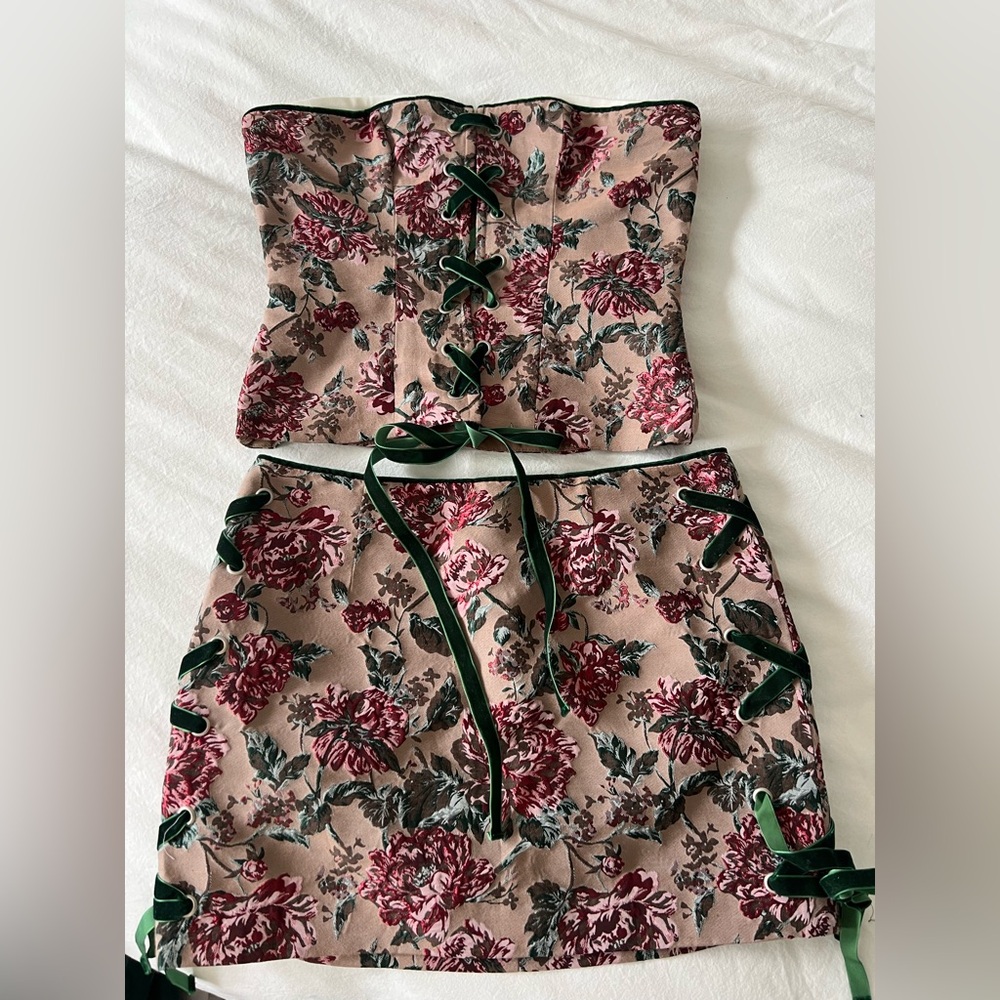 Majorelle Floral Corset and Skirt Set with Green Velvet Accents
